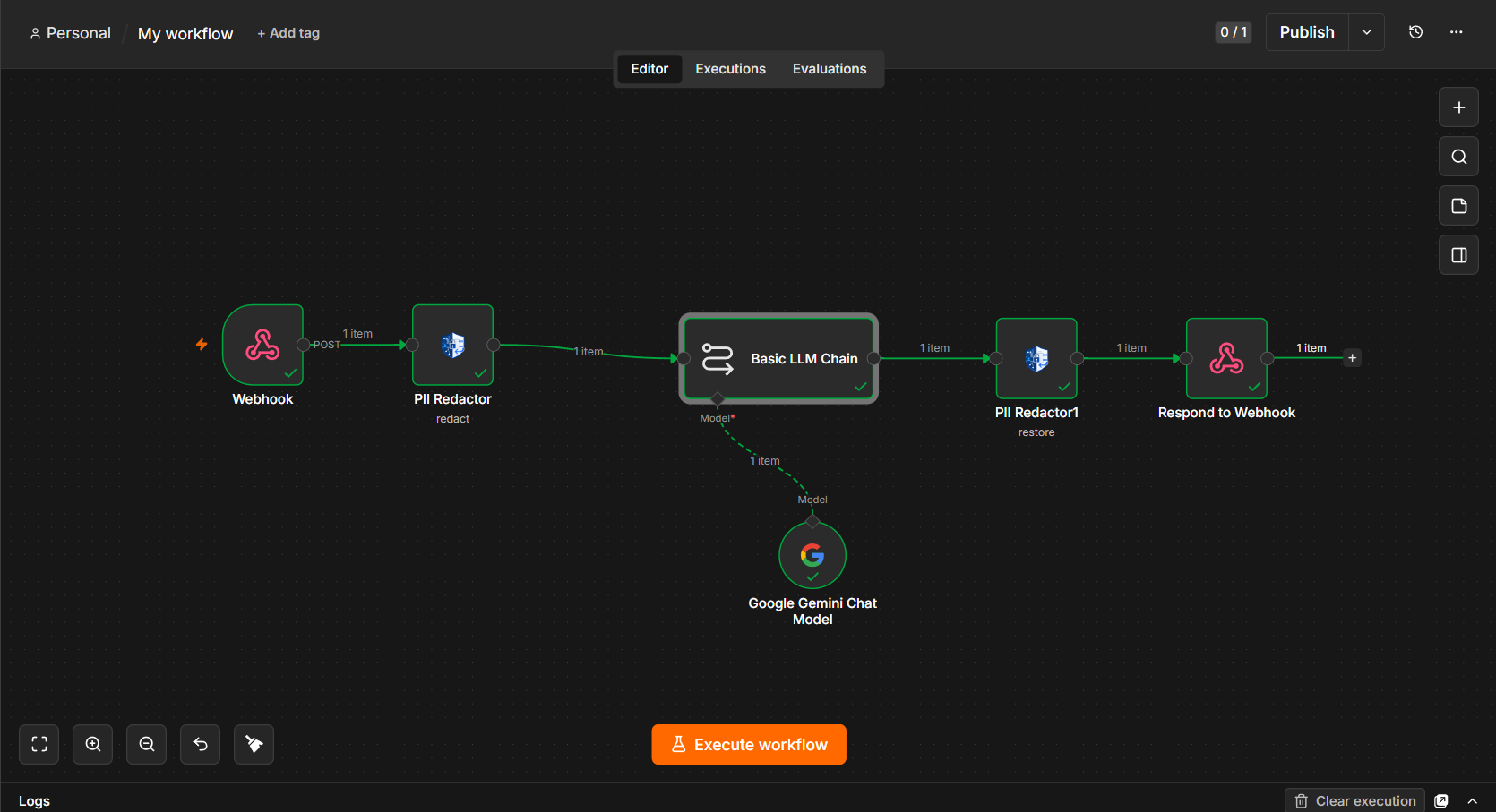 n8n workflow with Webhook, PII Redactor Redact, Google Gemini Chat Model, PII Redactor Restore, and Respond to Webhook