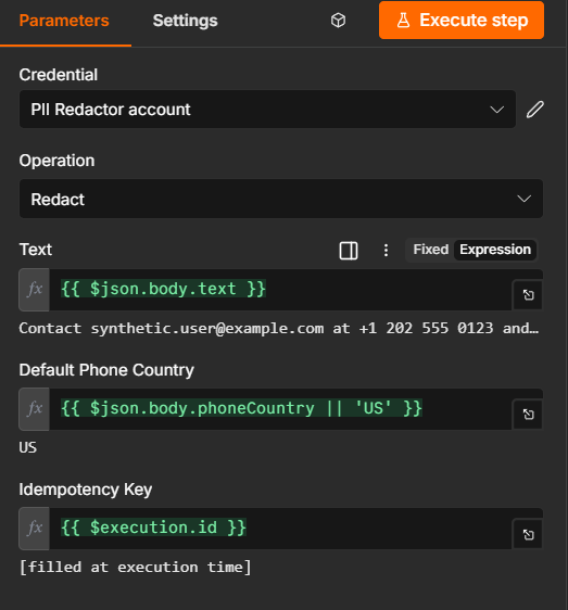 n8n PII Redactor Redact node configuration with text, phone country, and idempotency expressions