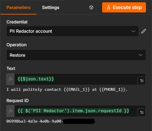n8n PII Redactor Restore node configuration with LLM text and request ID expressions